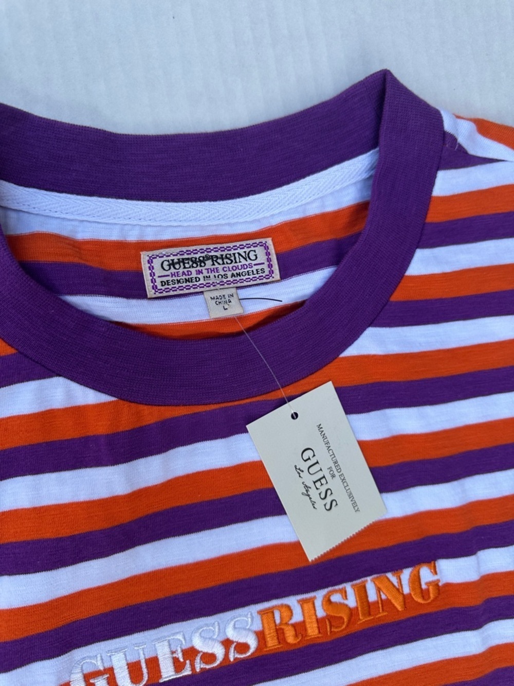 New GUESS ORIGINALS Purple Orange White Striped Short Sleeve Tee SZ L - Picture 2 of 9